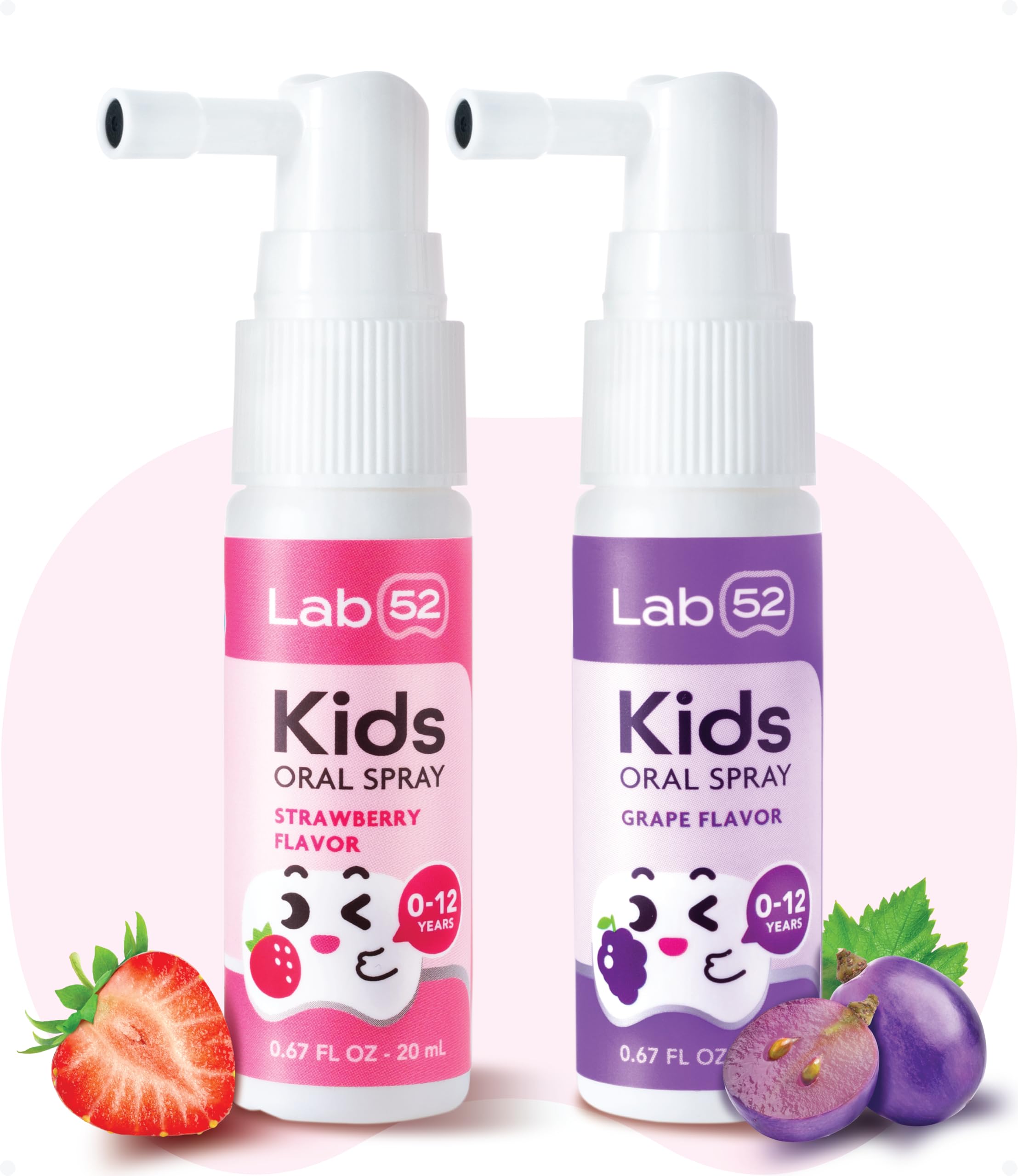 LAB 52 spray oral frontal del envase mostrando sabores fresa y uva y beneficio práctico