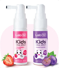 LAB 52 spray oral frontal del envase mostrando sabores fresa y uva y beneficio práctico