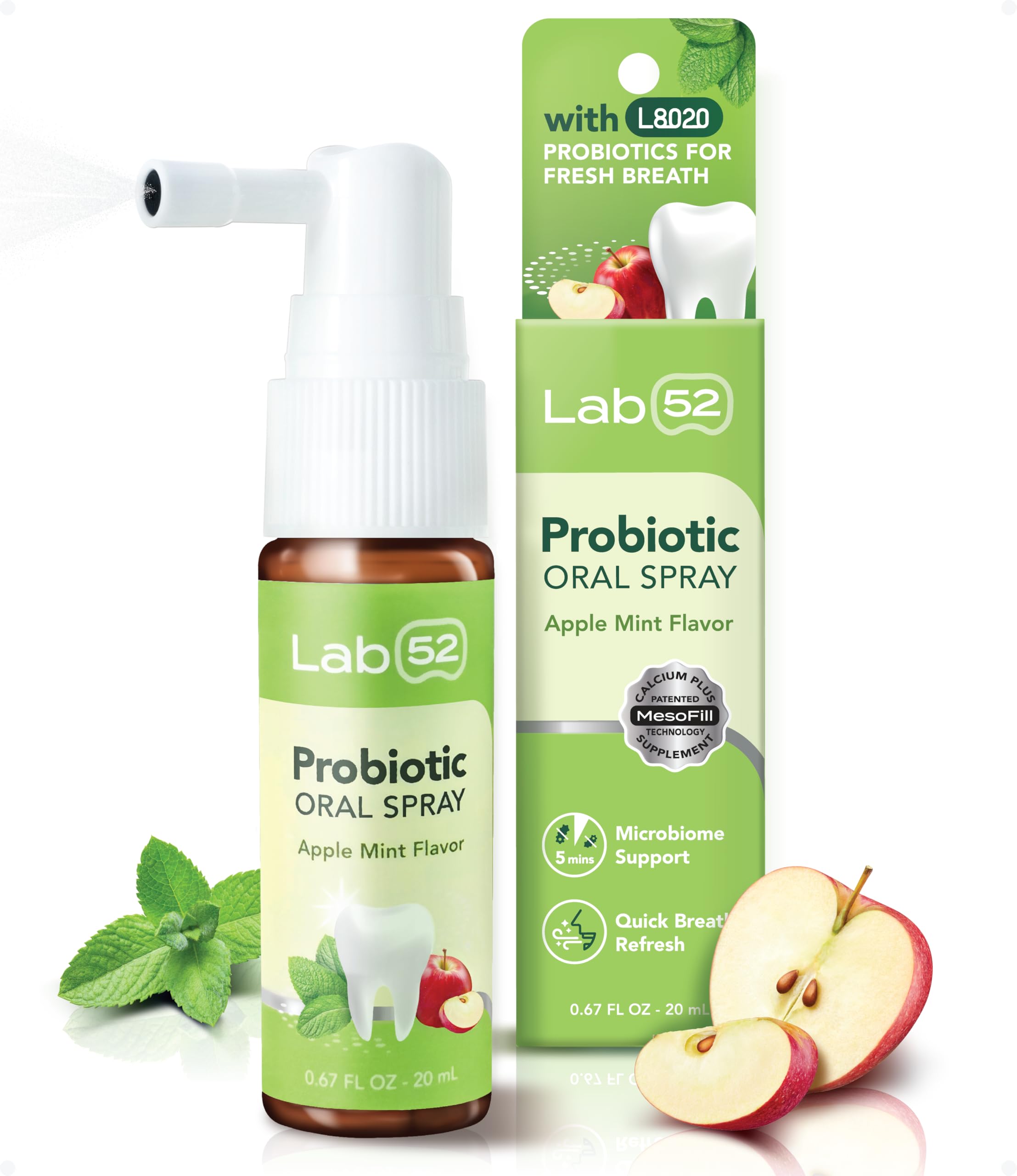 LAB 52 envase frontal del spray bucal mostrando la etiqueta y tamaño portátil