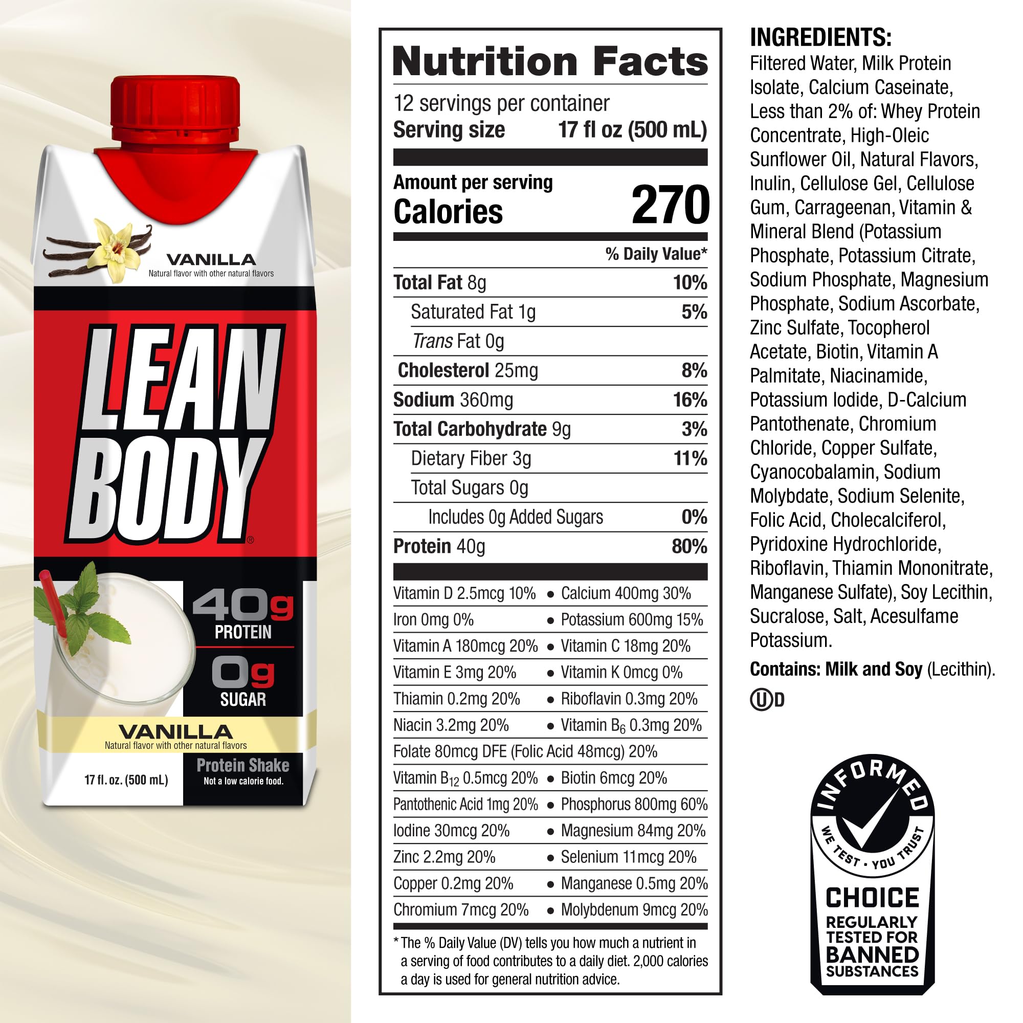 Labrada etiqueta nutricional abierta mostrando 40 g de proteína y lista de vitaminas, transparencia informativa