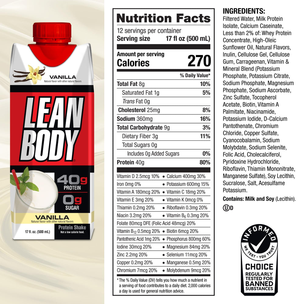 Labrada etiqueta nutricional abierta mostrando 40 g de proteína y lista de vitaminas, transparencia informativa