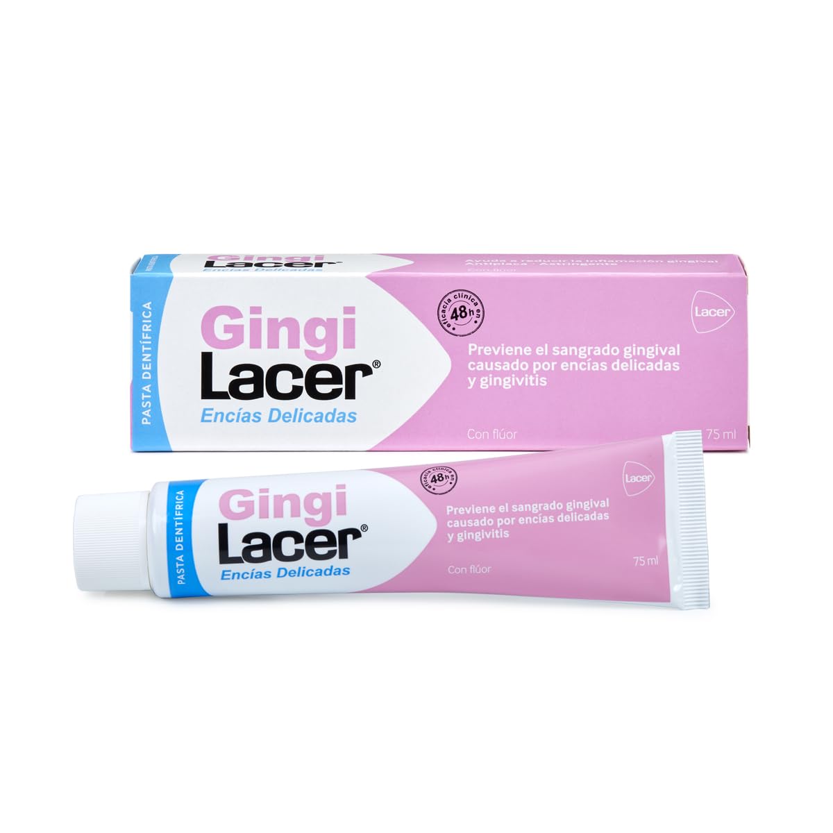 Lacer Gingi tubo frontal mostrando etiqueta y tamaño práctico