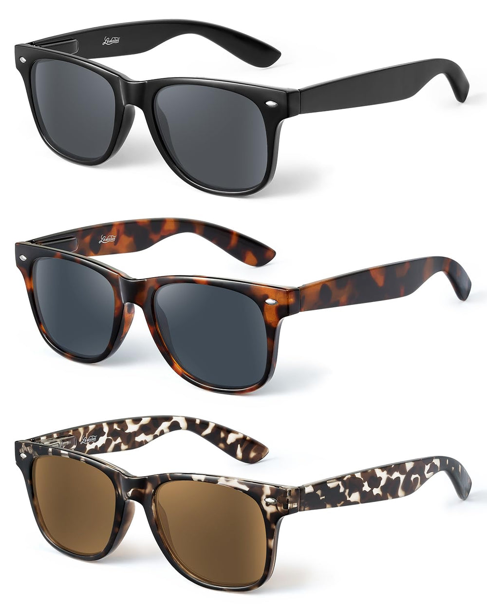 LADEESSE frontal del pack de 3 gafas mostrando color y forma, estilo versátil