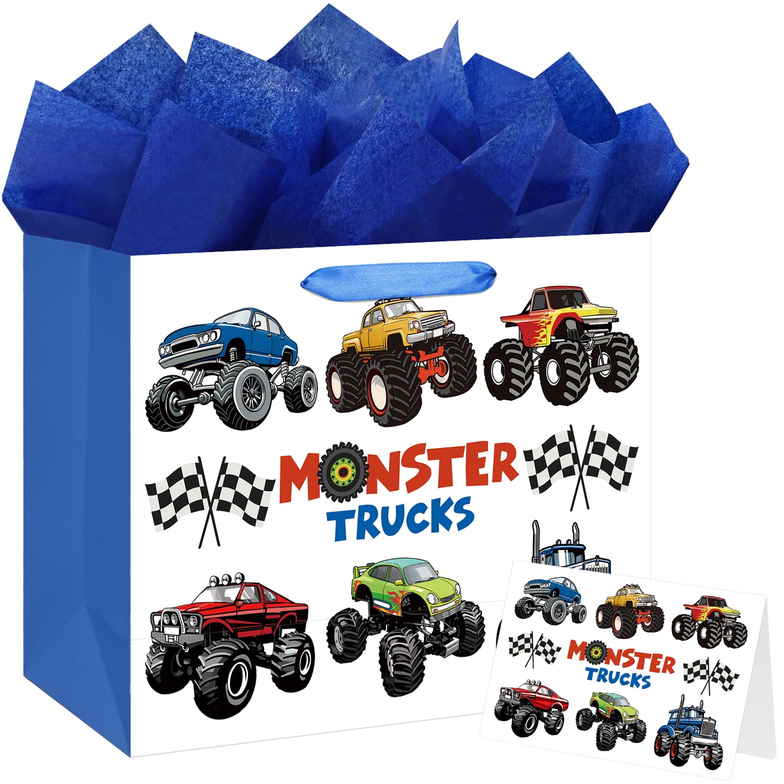 Laidans bolsa frontales con diseño monster trucks, presentación festiva