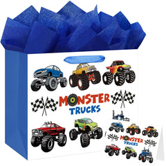 Laidans bolsa frontales con diseño monster trucks, presentación festiva