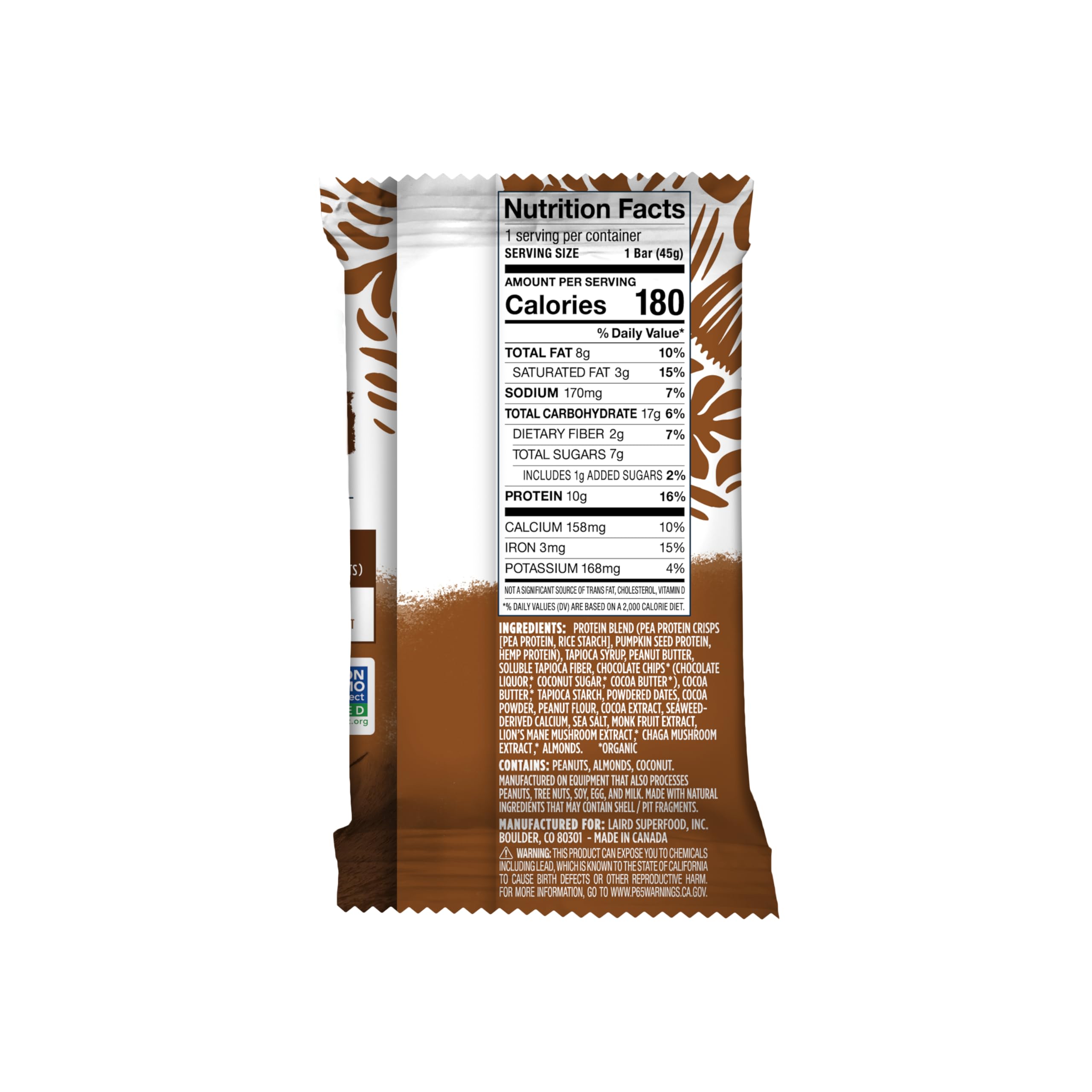 Laird Superfood corte de barra que revela textura y trozos de cacahuate para apetito satisfecho