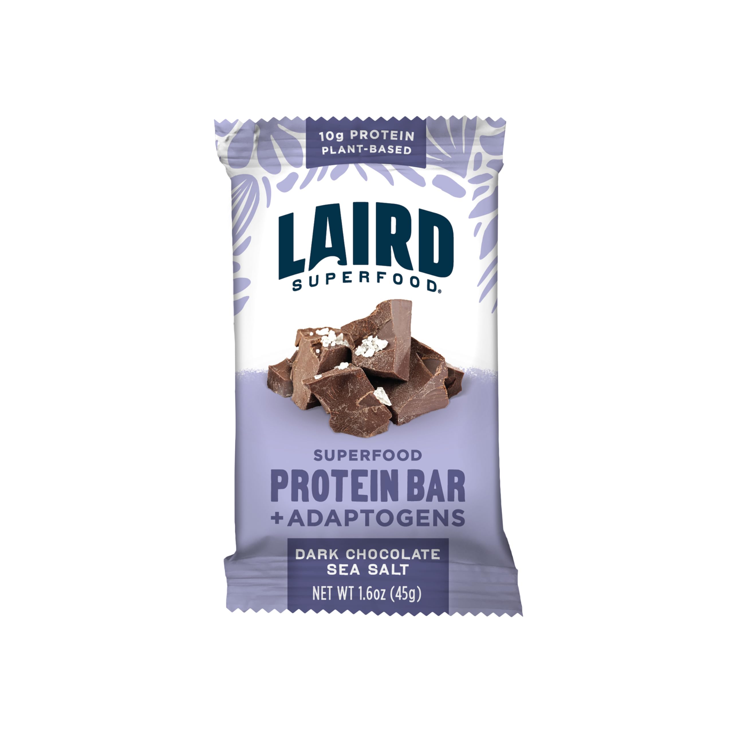 Laird Superfood frente del paquete mostrando el sabor Dark Chocolate Sea Salt y beneficios