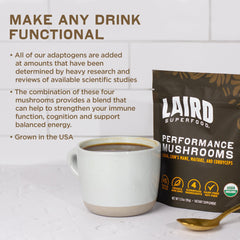Laird Superfood hongos secos (chaga, cordyceps, lion's mane, maitake) mostrando variedad