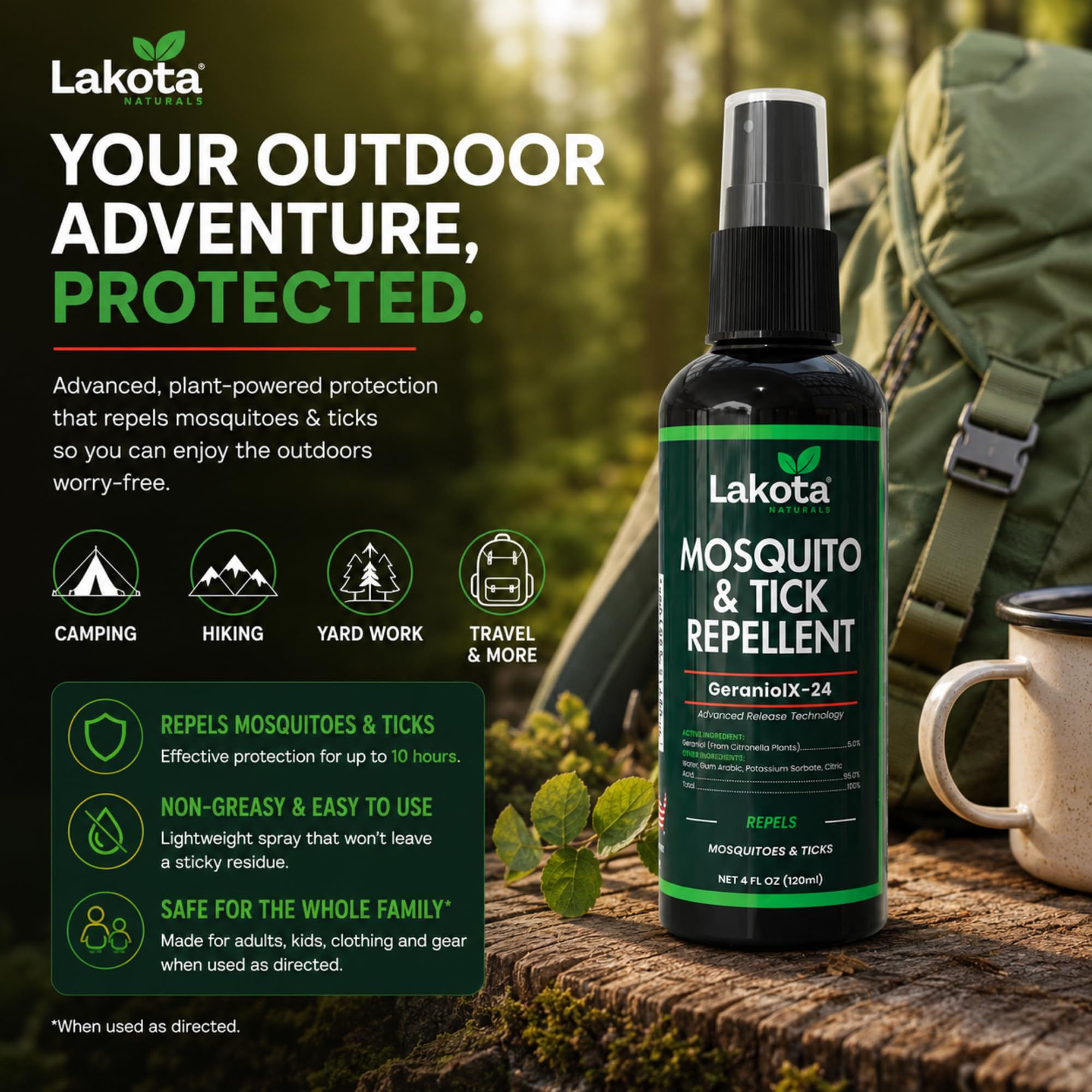 Lakota Naturals uso en camping ilustrando protección durante actividades al aire libre