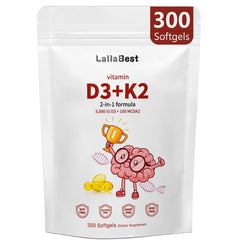 LallaBest envase frontal mostrando D3 10000 IU y K2 MK-7, conveniencia diaria