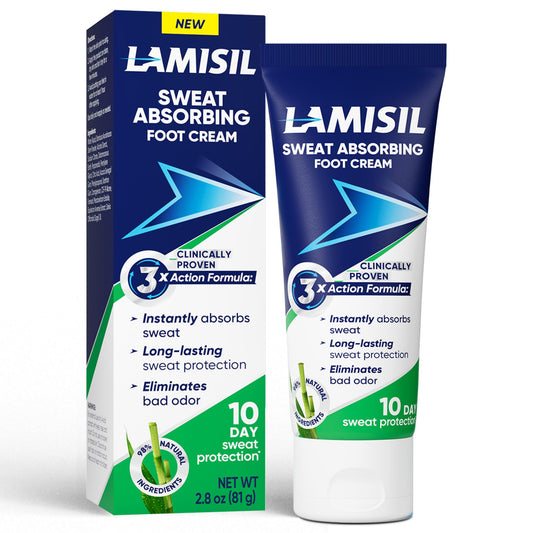 Lamisil empaque frontal mostrando la crema y beneficio de control de sudor