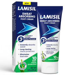 Lamisil empaque frontal mostrando la crema y beneficio de control de sudor