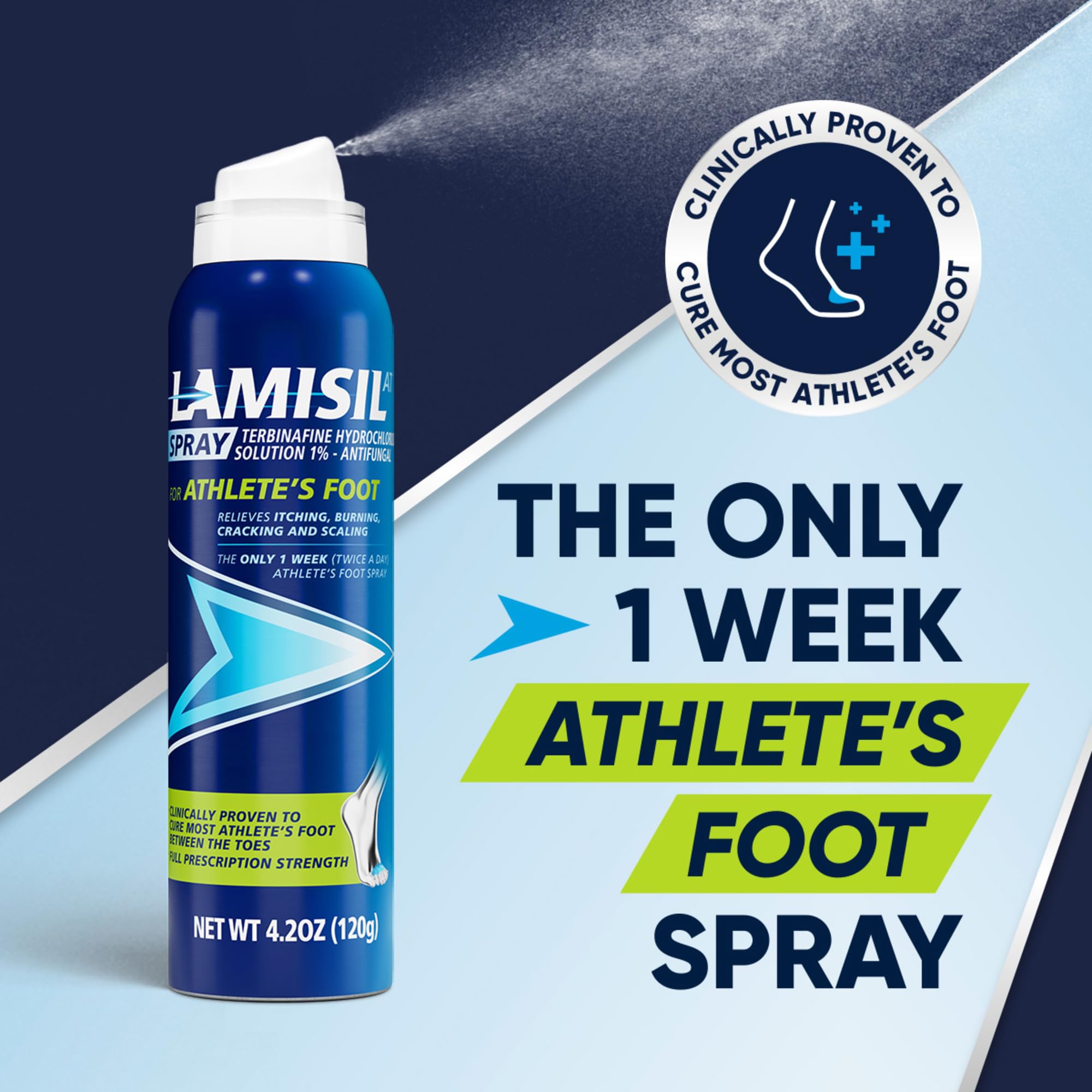 Detalle de la textura del spray Lamisil que seca rápido y protege