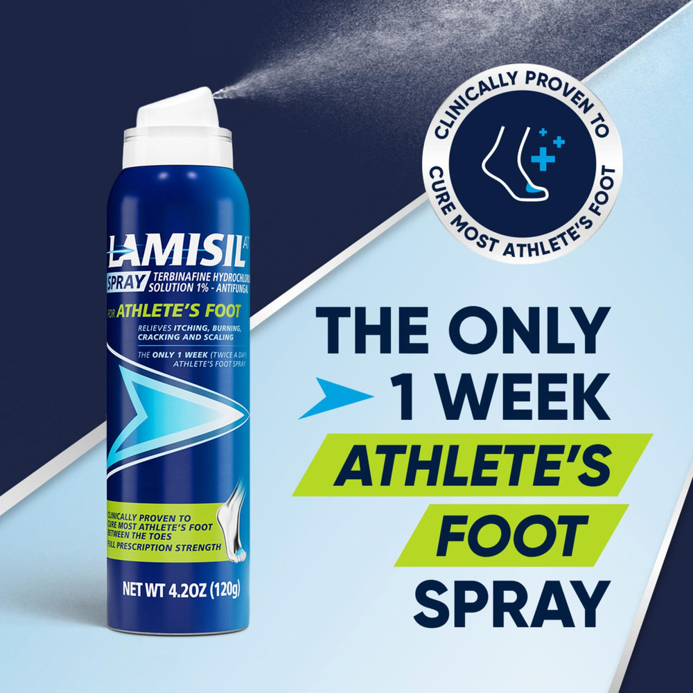 Detalle de la textura del spray Lamisil que seca rápido y protege