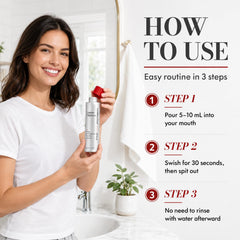 Hojas de menta y eucalipto junto a Lumine Organics Mouthwash indicando ingredientes naturales