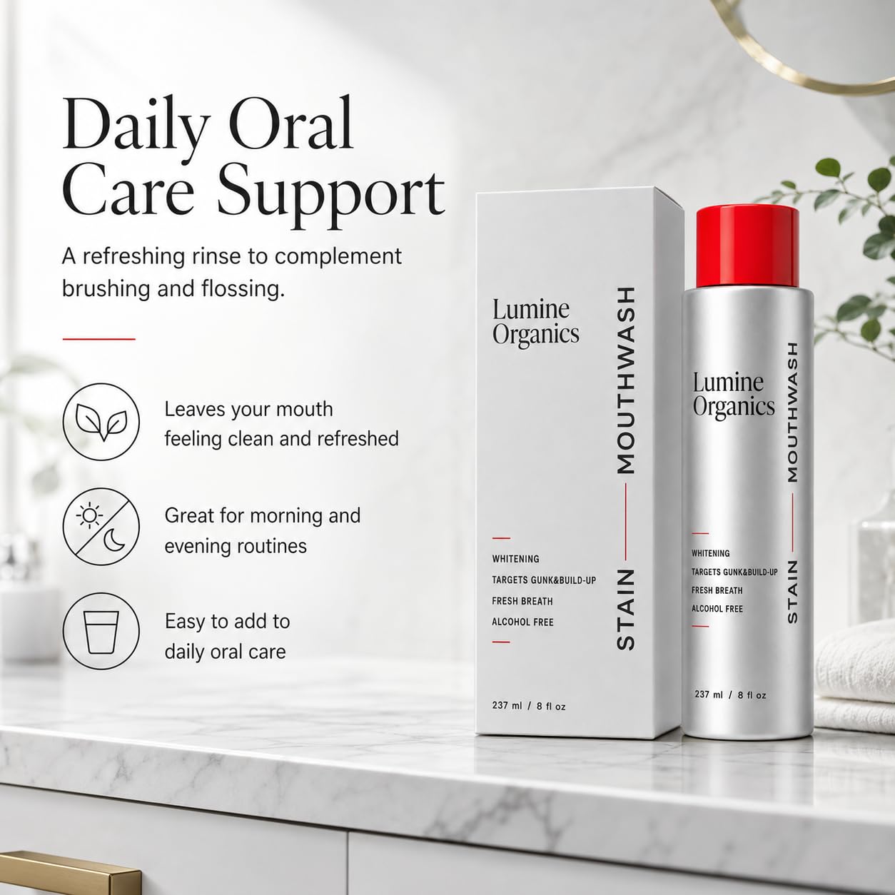 Etiqueta de Lumine Organics Mouthwash en primer plano destacando ingredientes y ventajas