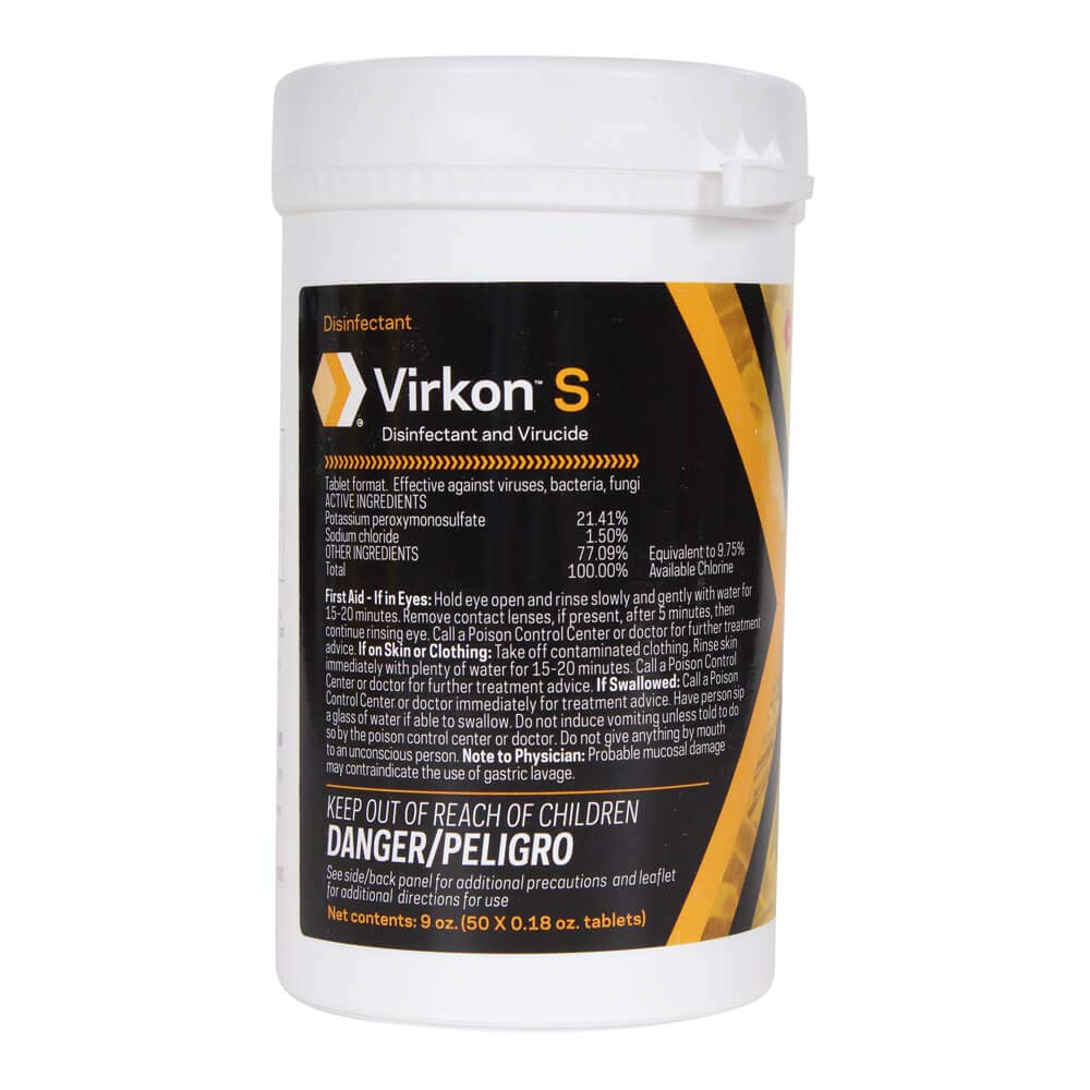 Lanxess DuPont Virkon S frente del envase mostrando 50 tabletas y facilidad de transporte