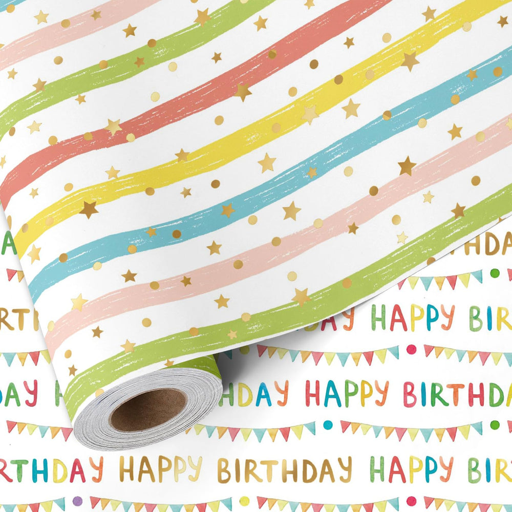 LaRibbons frente del rollo mostrando texto foil dorado y banderines, efecto festivo