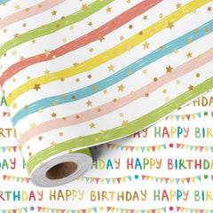 LaRibbons frente del rollo mostrando texto foil dorado y banderines, efecto festivo
