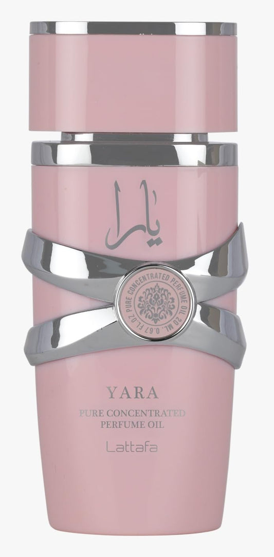Lattafa Yara frasco frontal elegante mostrando tamaño y diseño práctico