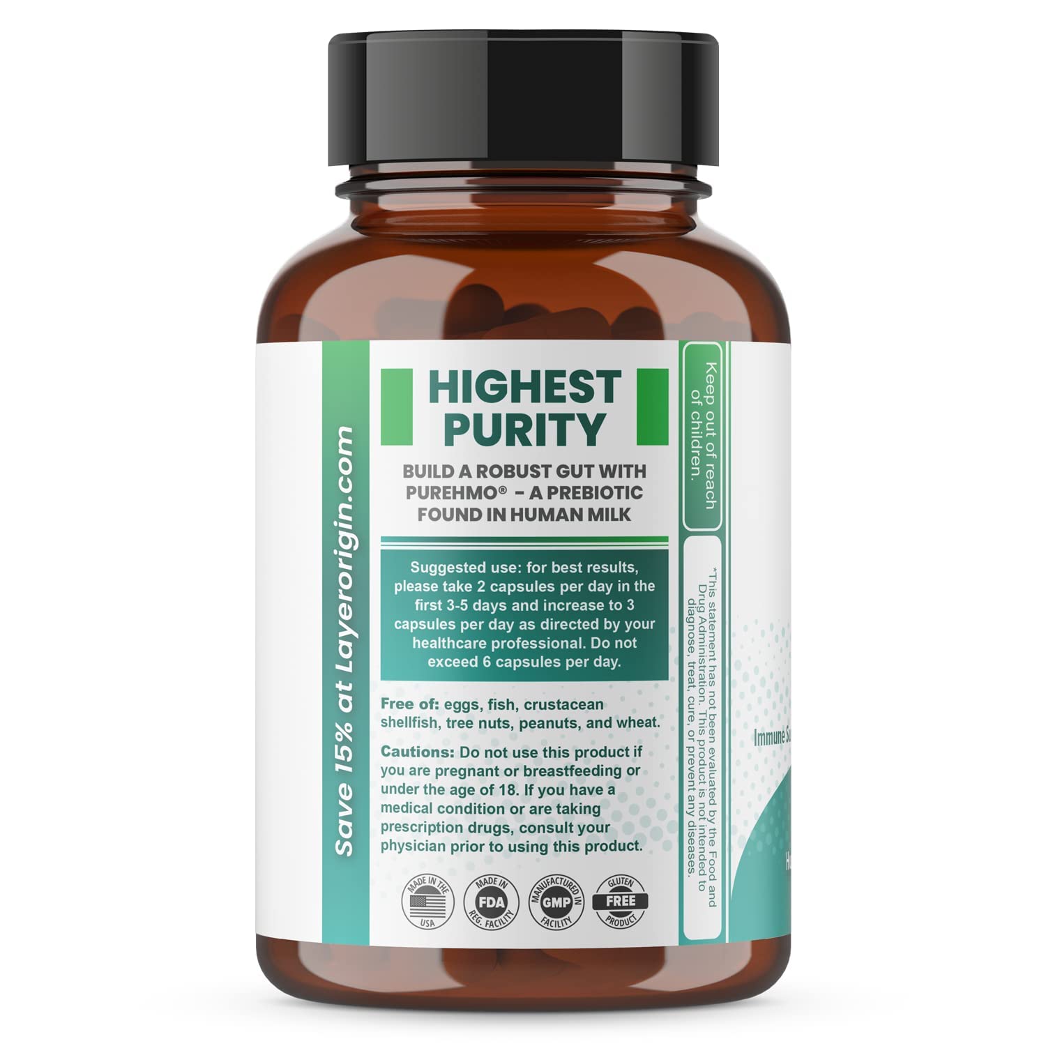 Layer Origin primer plano de la etiqueta con información de 2'-FL y pureza total