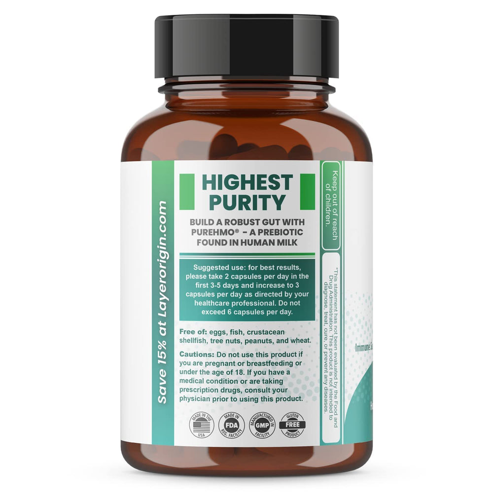 Layer Origin primer plano de la etiqueta con información de 2'-FL y pureza total