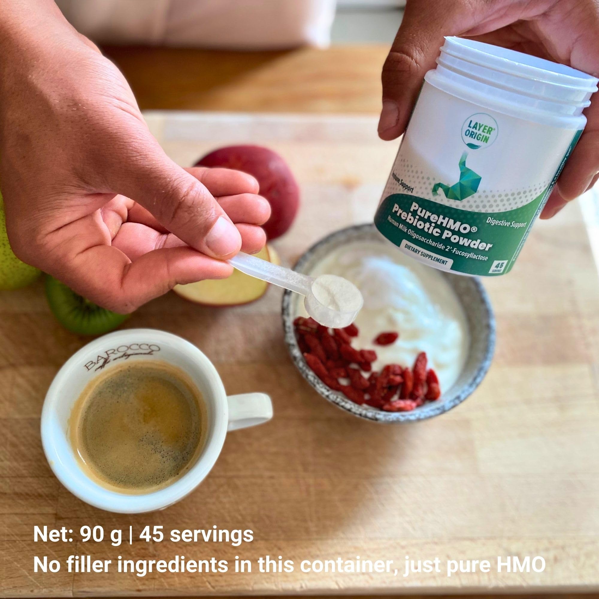 Layer Origin etiqueta con información nutricional y pureza 2'-FL