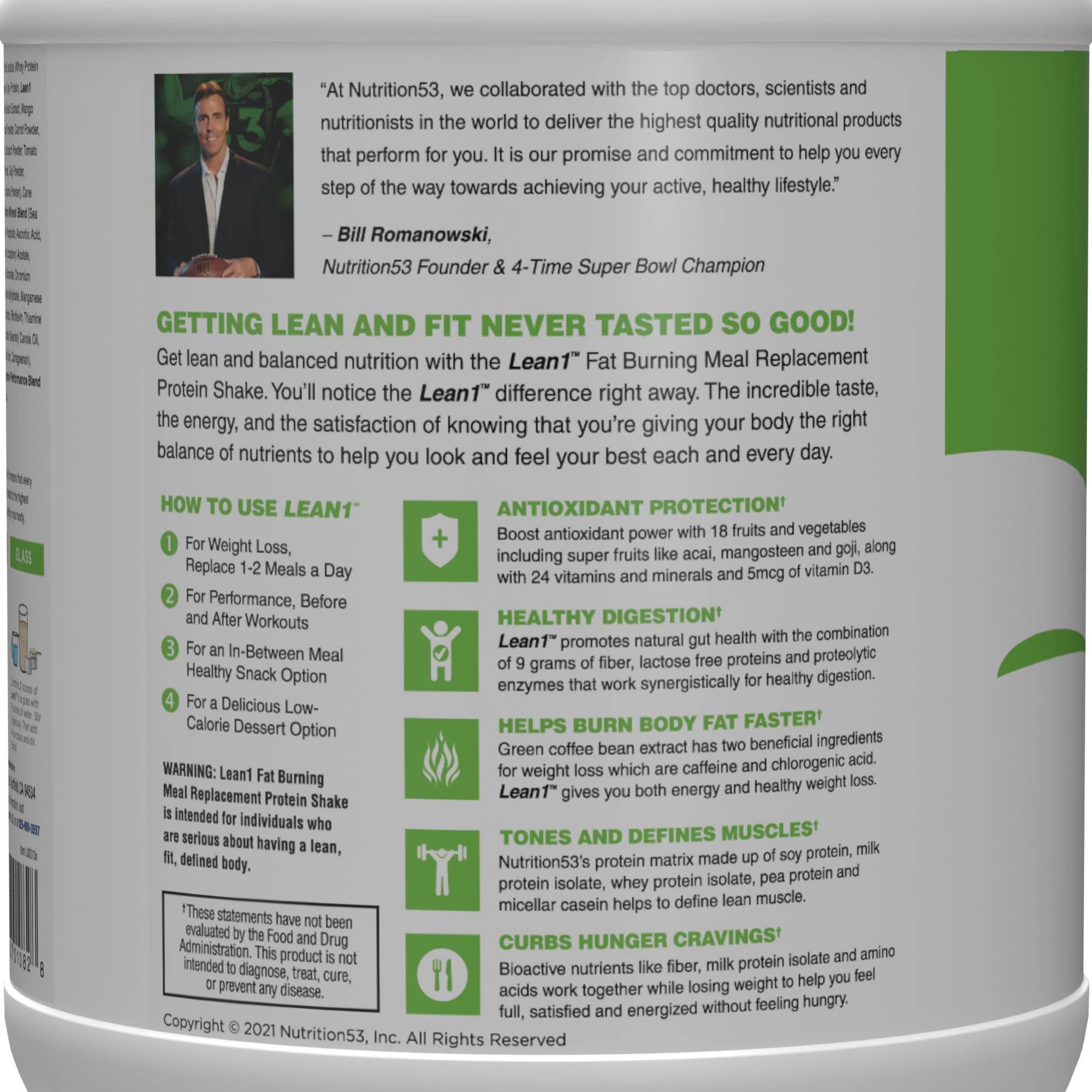 LEAN1 etiqueta nutricional visible, muestra proteína y datos clave para elegir