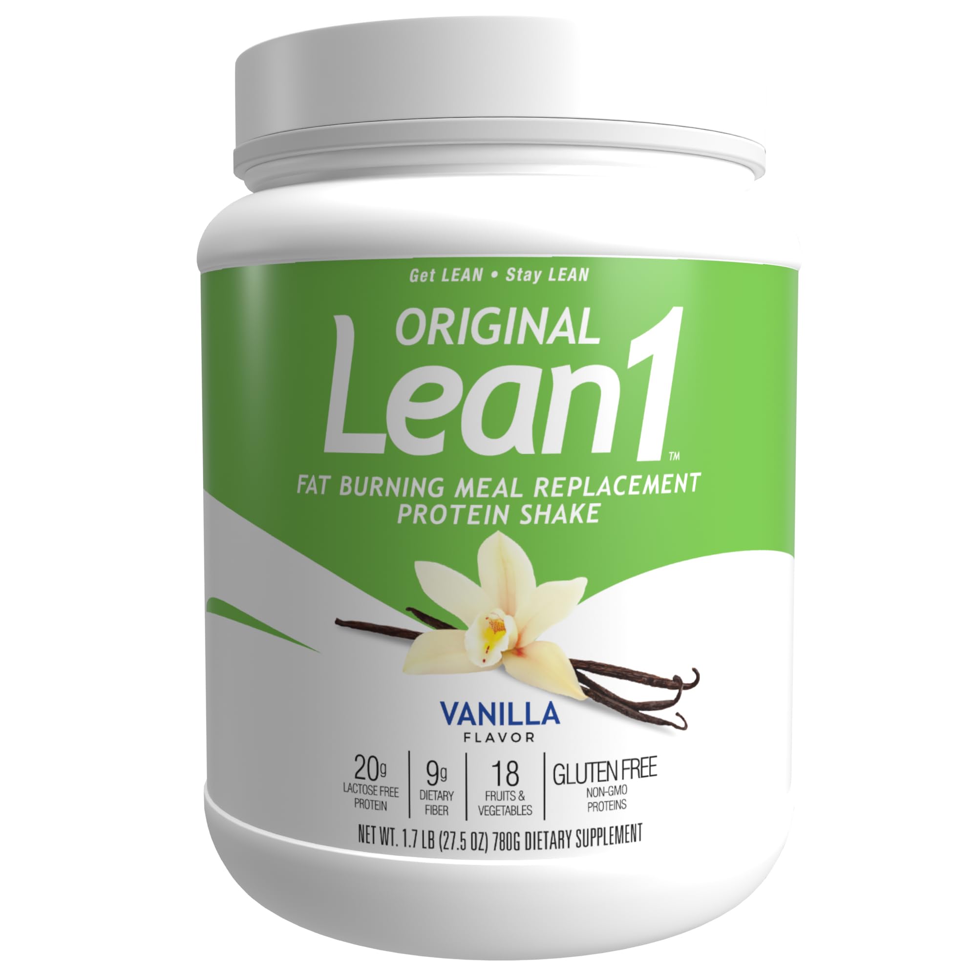 LEAN1 tarro frontal mostrando el envase y porciones, conveniente y práctico