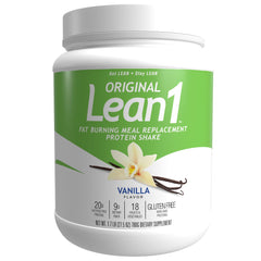 LEAN1 tarro frontal mostrando el envase y porciones, conveniente y práctico