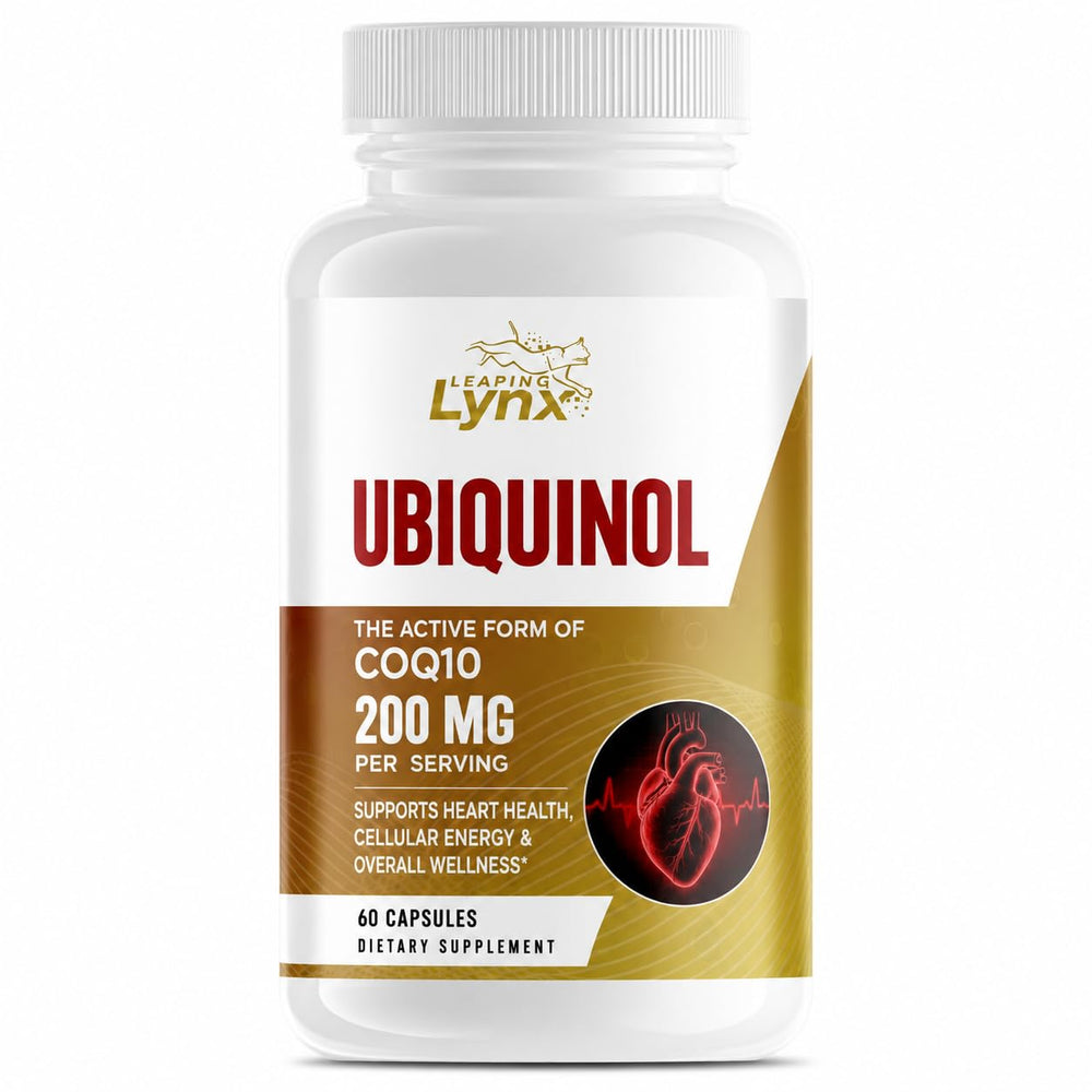 Leaping Lynx botella frontal del ubiquinol 200mg mostrando etiqueta clara y beneficio energético