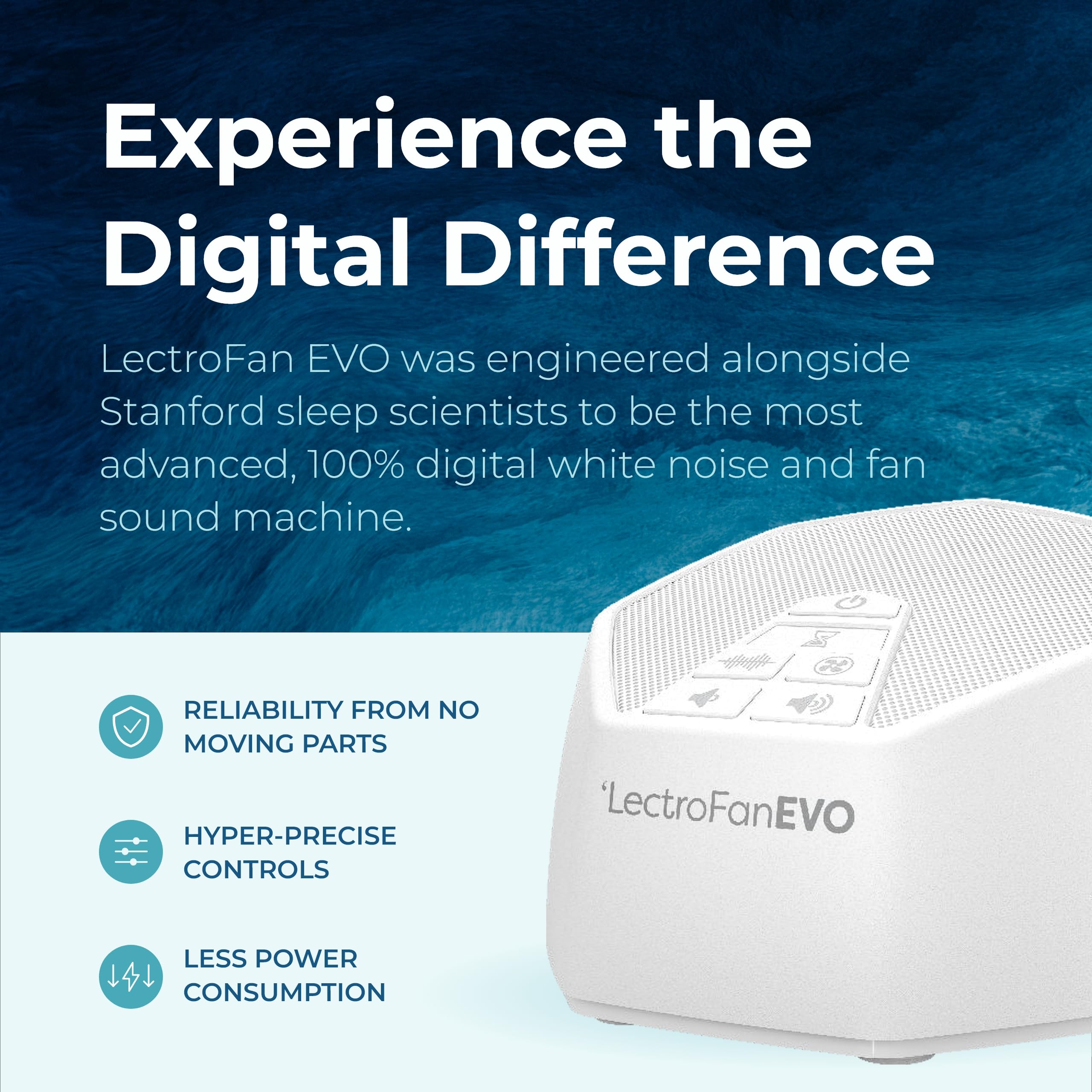 LectroFan EVO primer plano del altavoz superior demostrando difusión uniforme del sonido