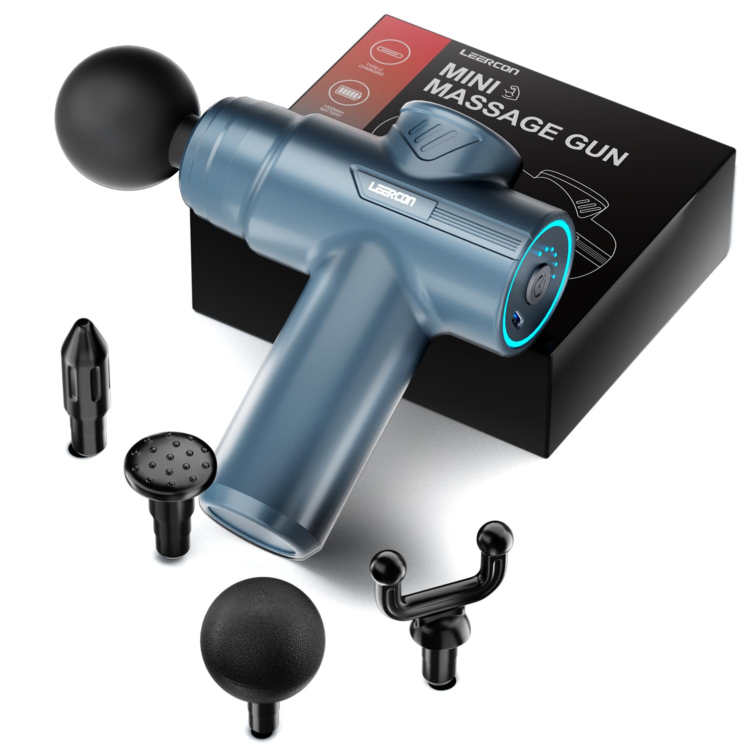 LEERCON pistola de masaje frontal mostrando diseño compacto y control ergonómico