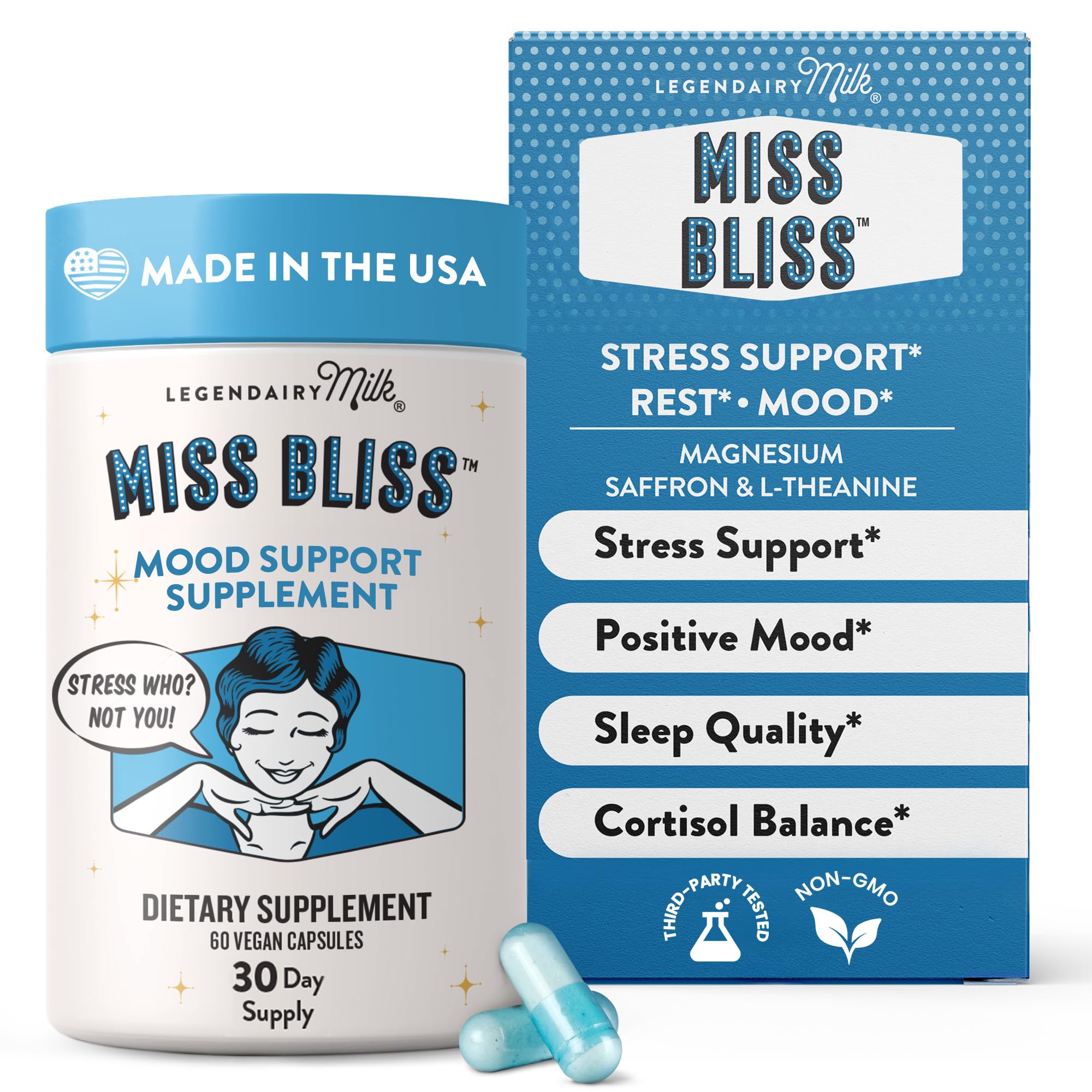 Legendairy Milk envase frontal mostrando cápsulas y marca, beneficio claridad de uso