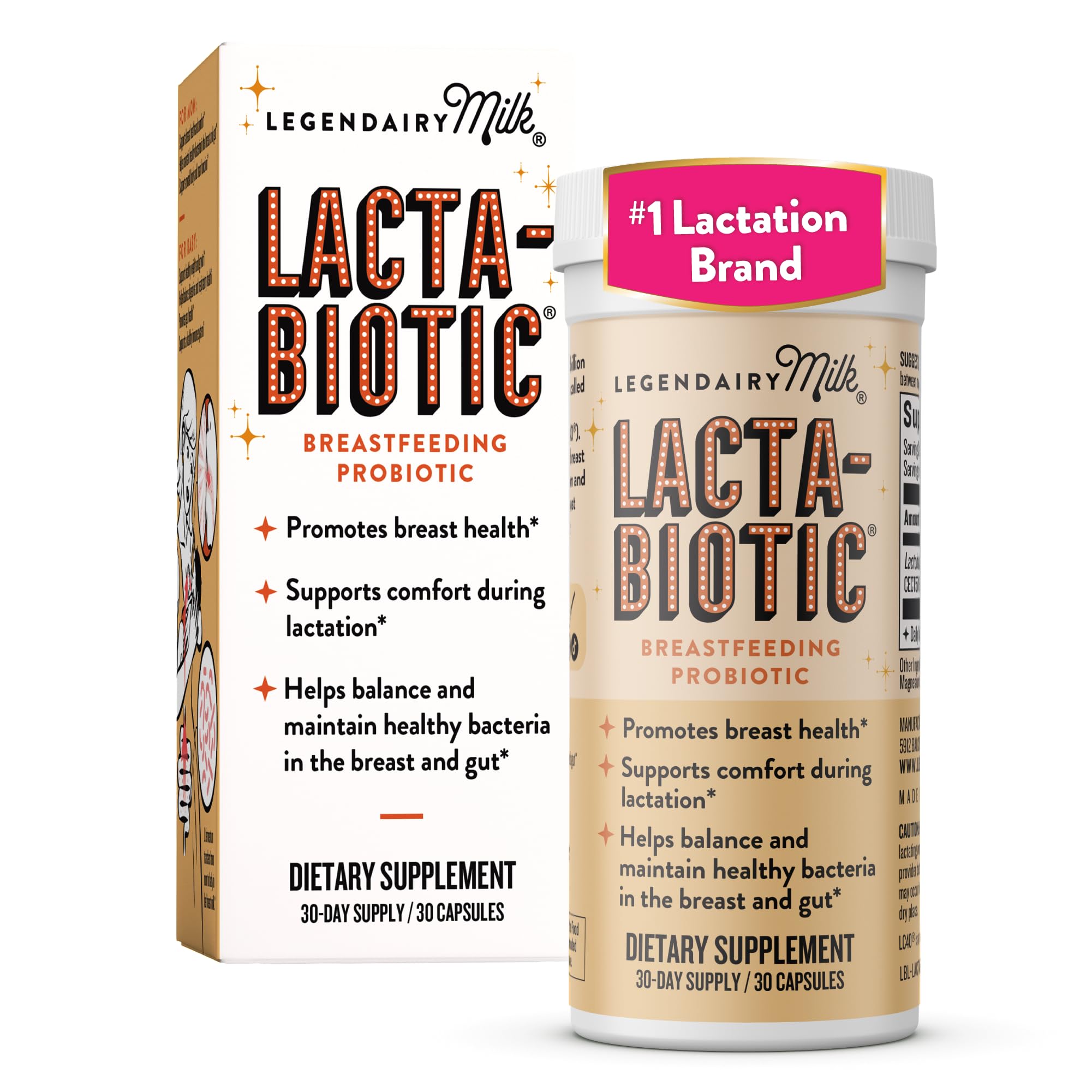 Legendairy Milk frasco Lacta-Biotic frontal mostrando etiqueta y beneficio de apoyo a la lactancia