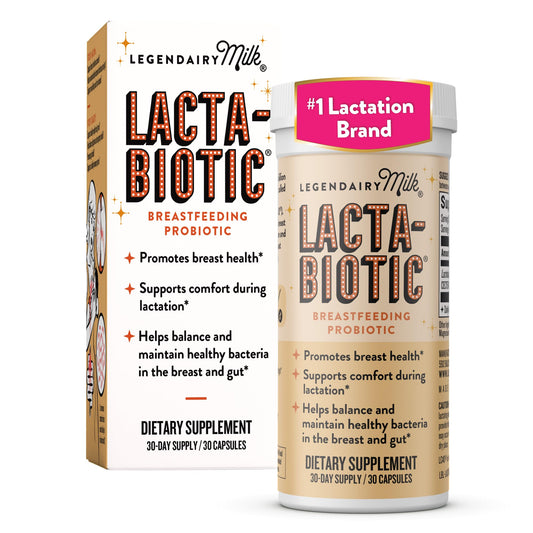 Legendairy Milk frasco Lacta-Biotic frontal mostrando etiqueta y beneficio de apoyo a la lactancia
