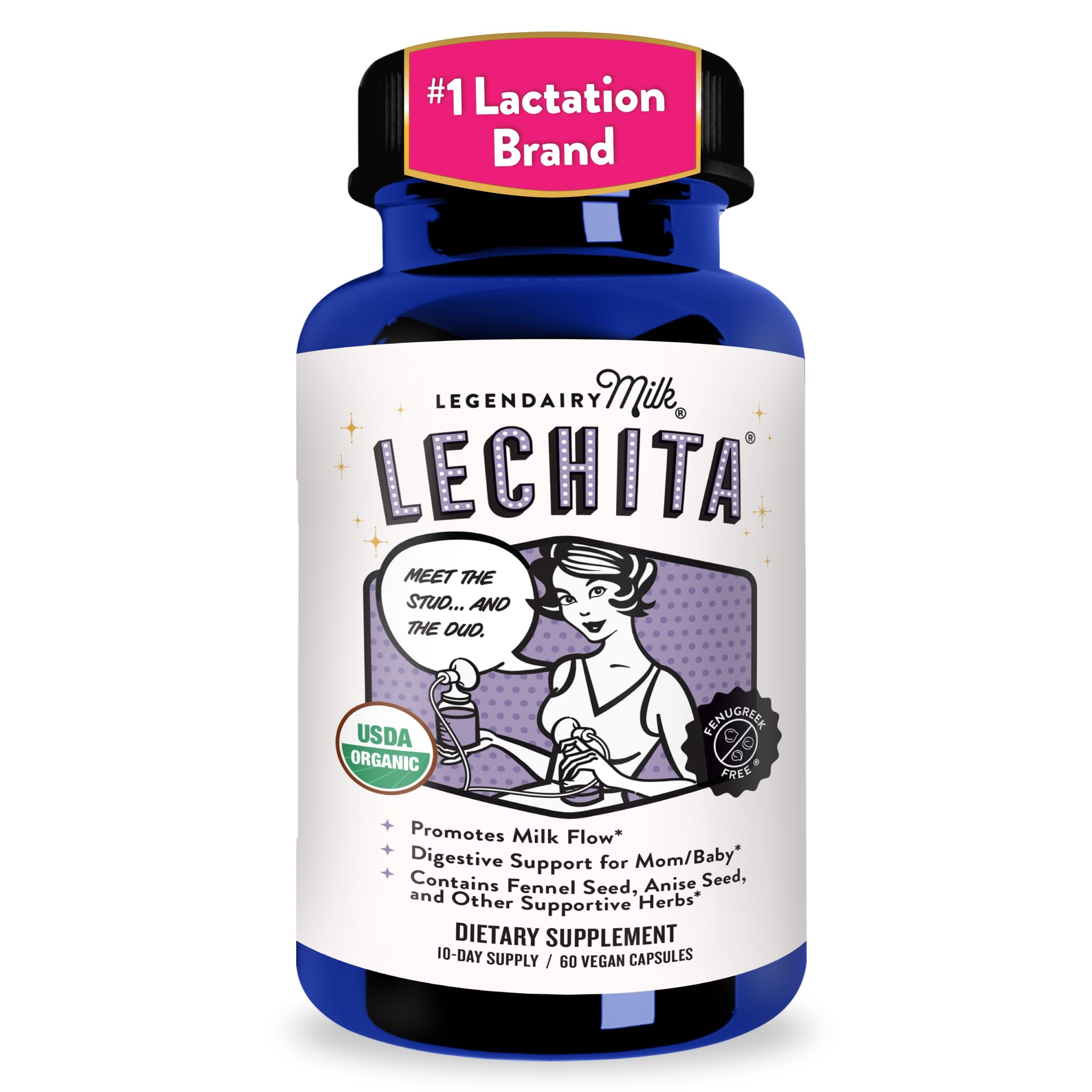Legendairy Milk frasco frontal mostrando etiqueta y beneficio de apoyo a la lactancia
