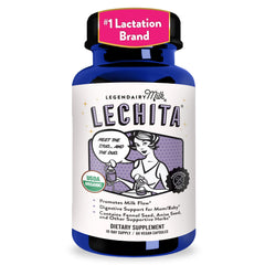 Legendairy Milk frasco frontal mostrando etiqueta y beneficio de apoyo a la lactancia