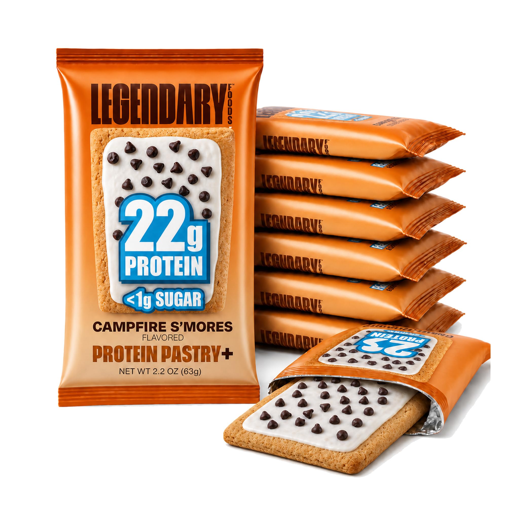 Legendary Foods frontal del empaque mostrando sabor Campfire S'mores y conveniencia