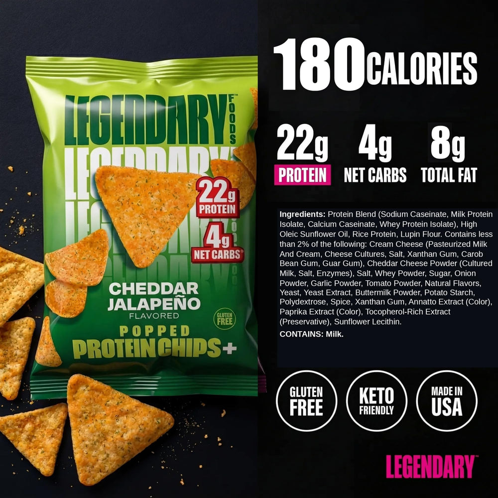 Legendary Foods bolsa abierta con chips visibles para snack rápido