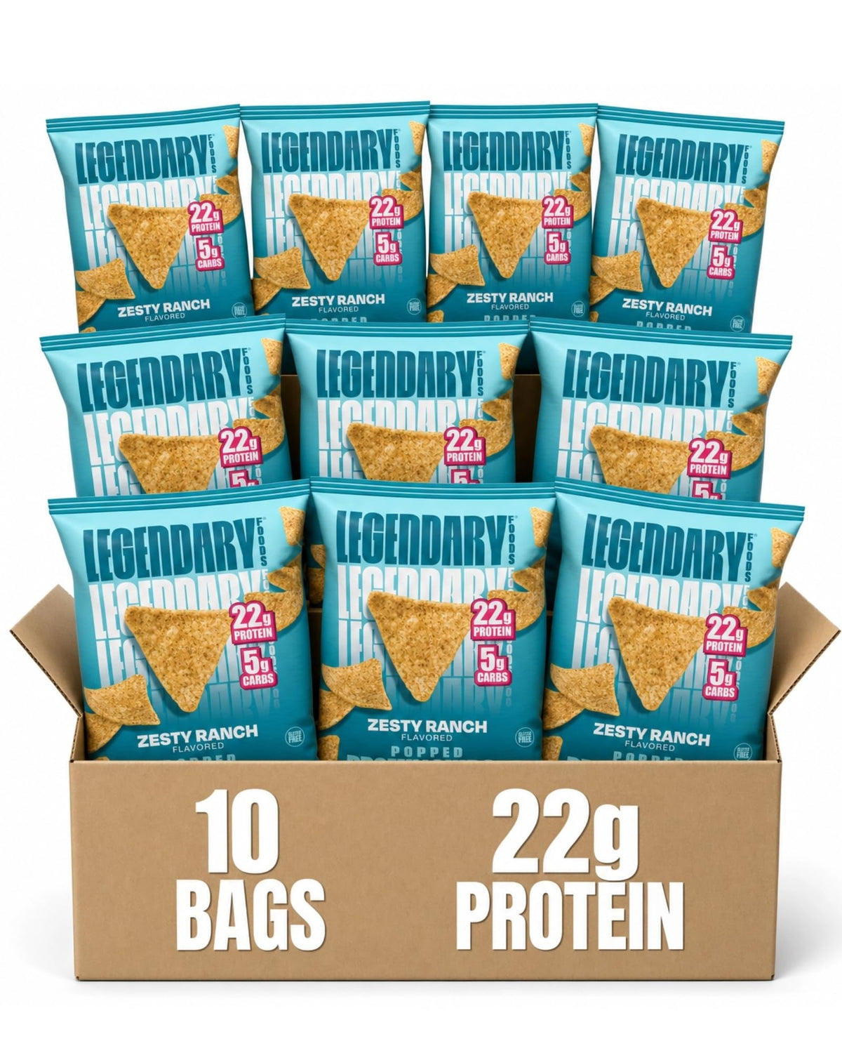 Legendary Foods empaque frontal mostrando 22g proteína y beneficio portable