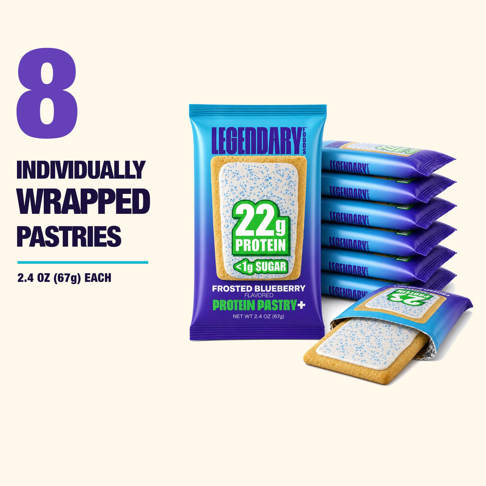 Legendary Foods pastel arándanos en escena de desayuno rápido para energía matinal