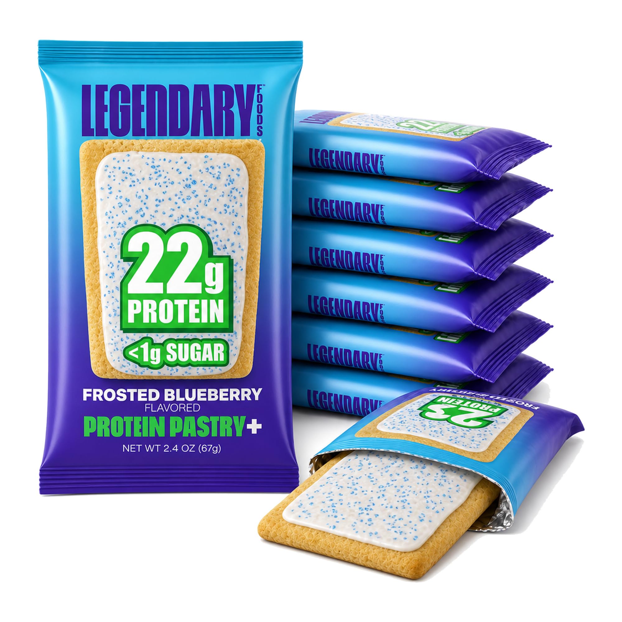 Legendary Foods pastel arándanos frontal mostrando empaque y beneficio proteico
