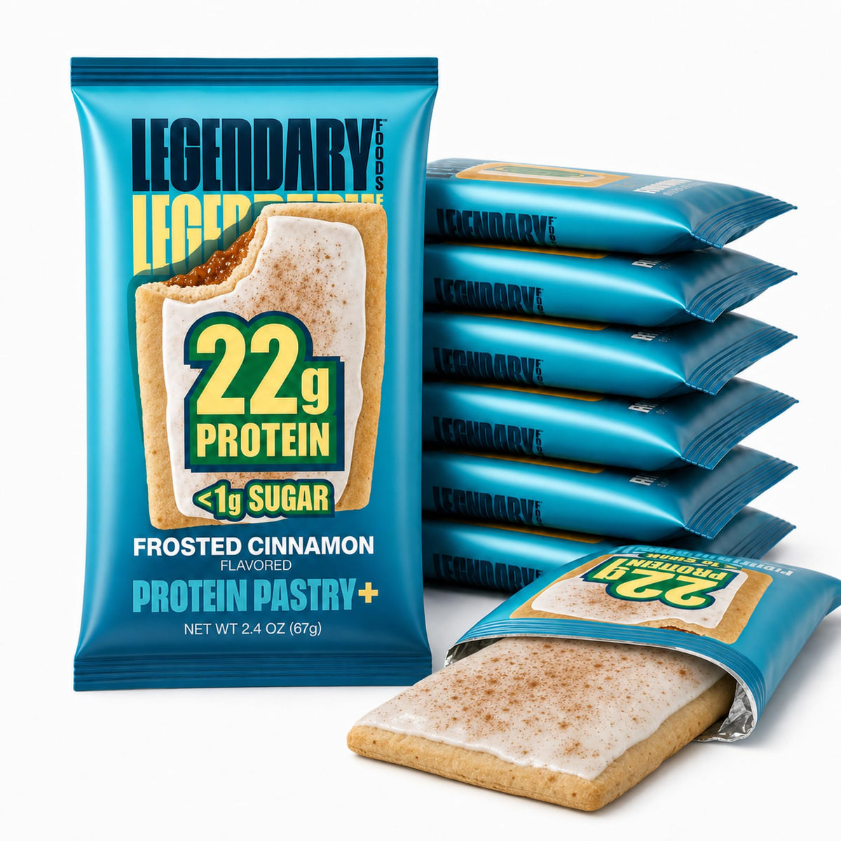 Legendary Foods pastelito frontal mostrando envase y glaseado, ideal para snack proteico