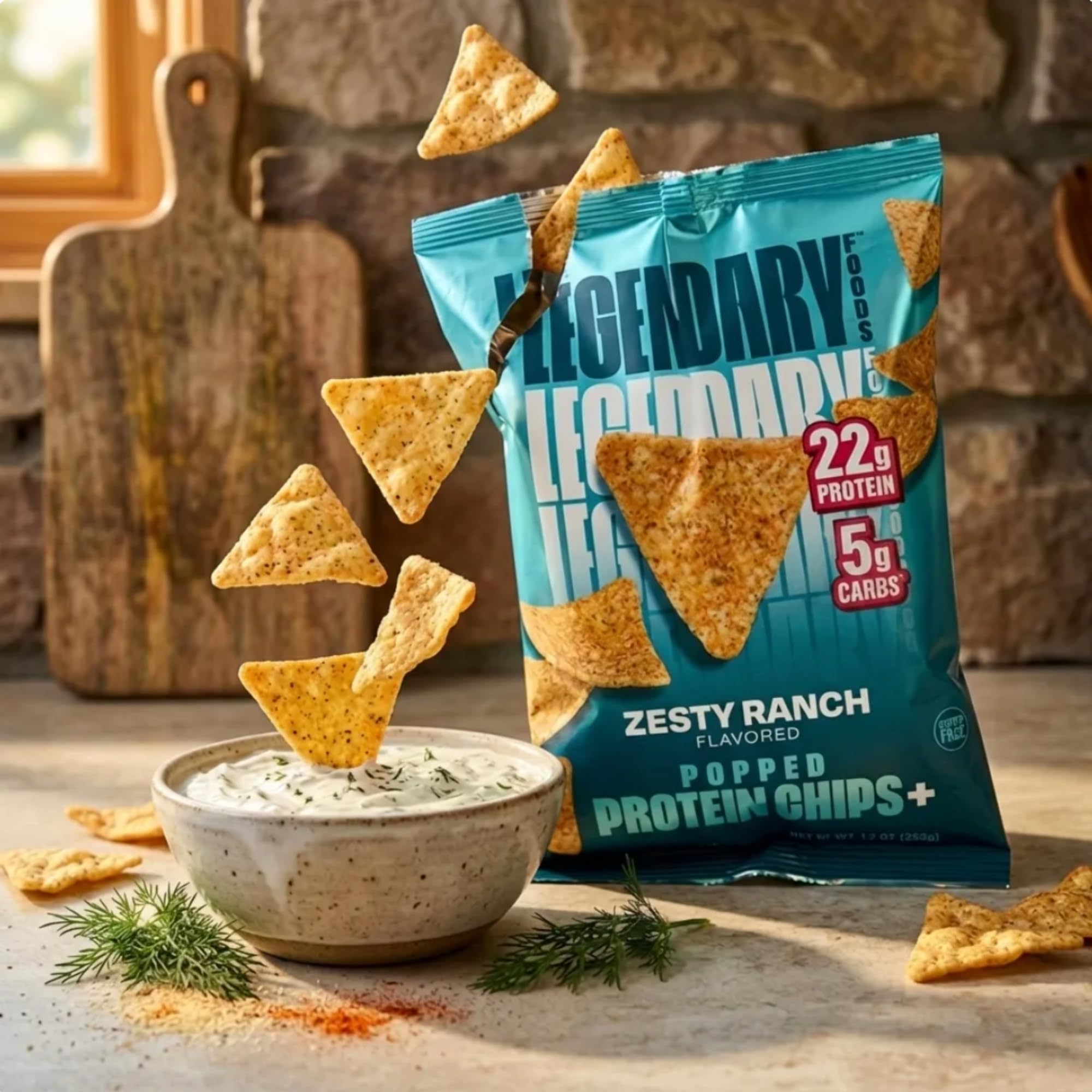 Legendary Foods chips con dip ranch, sabor intenso y opción para compartir