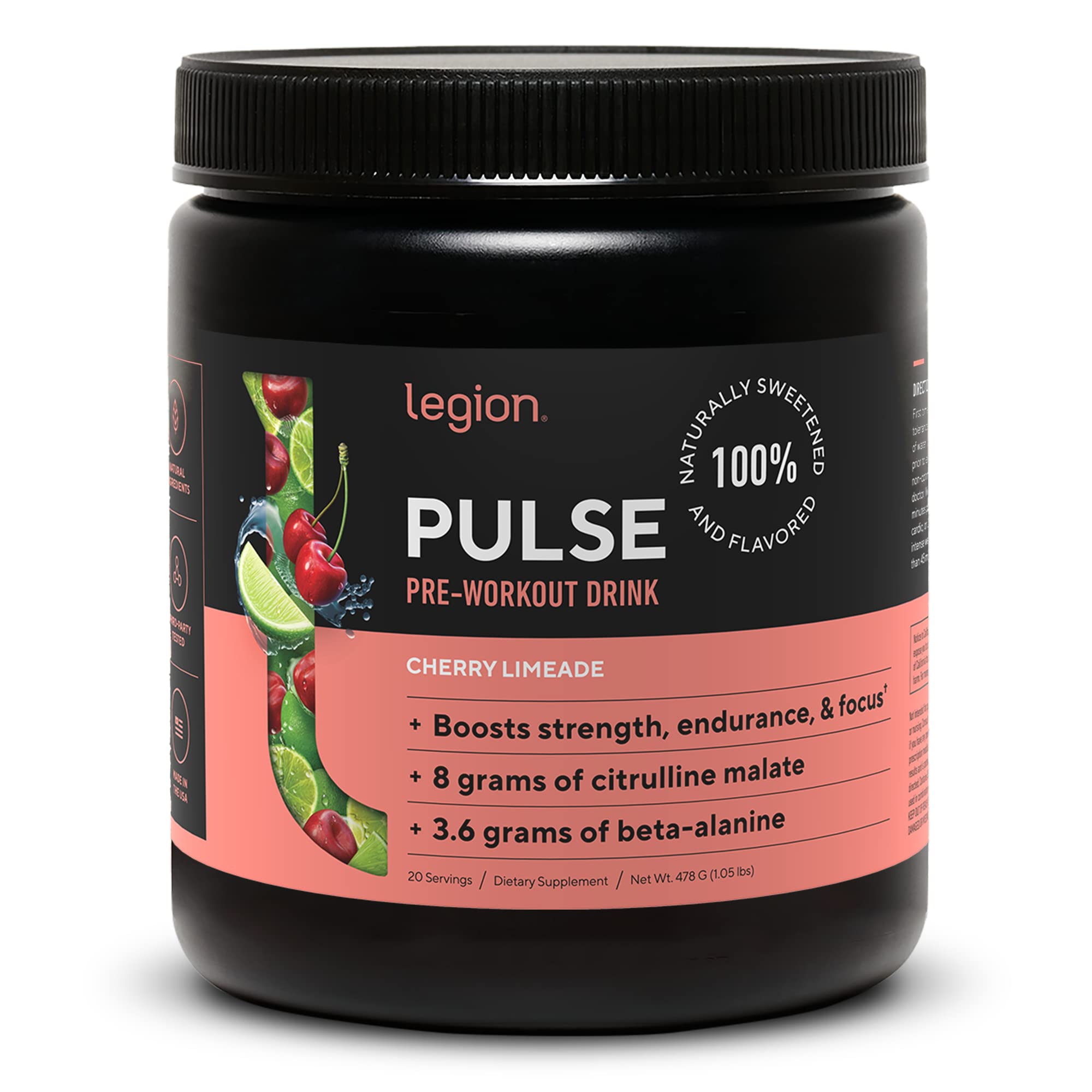 LEGION all-natural preworkout tub front showing clean energy branding