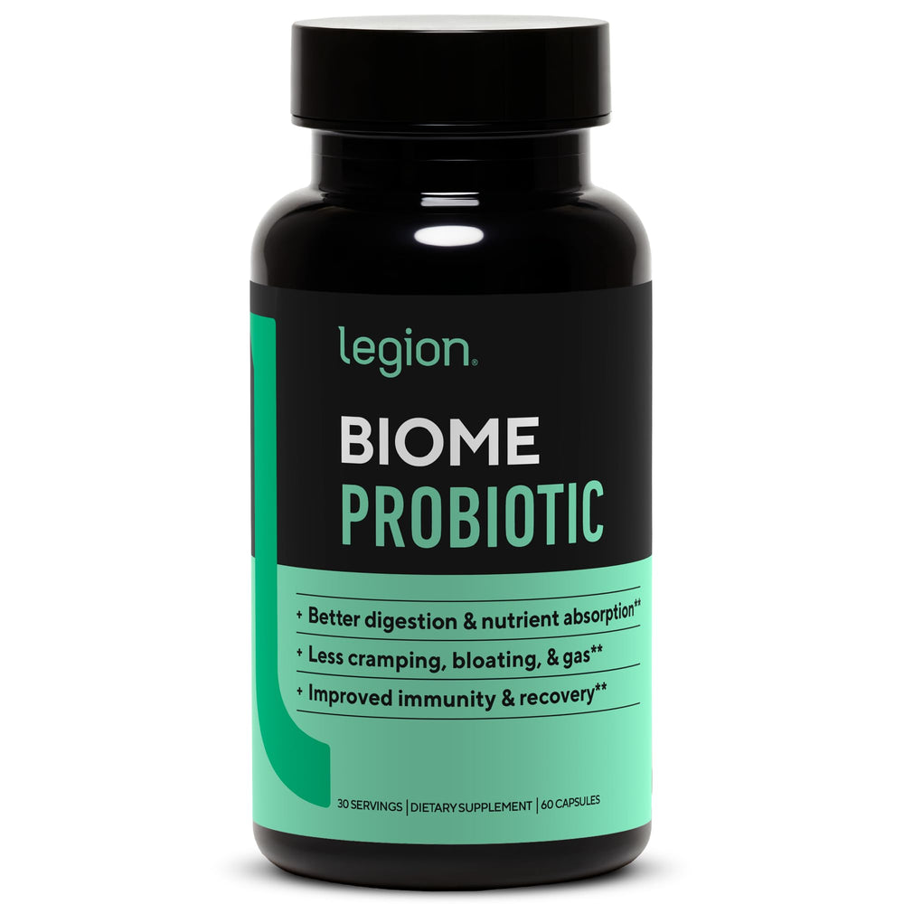 Frontal del envase LEGION Biome Probiotic mostrando etiqueta clara y beneficio digestivo