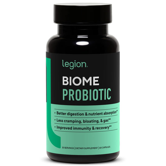 Frontal del envase LEGION Biome Probiotic mostrando etiqueta clara y beneficio digestivo
