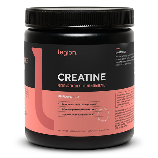 LEGION envase frontal de creatina micronizada mostrando diseño y cantidad