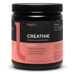 LEGION envase frontal de creatina micronizada mostrando diseño y cantidad